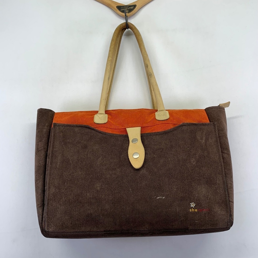 Sherpani Priya Tote Bag Brown‎ Orange Canvas Suede Shoulder Hand Bag Large